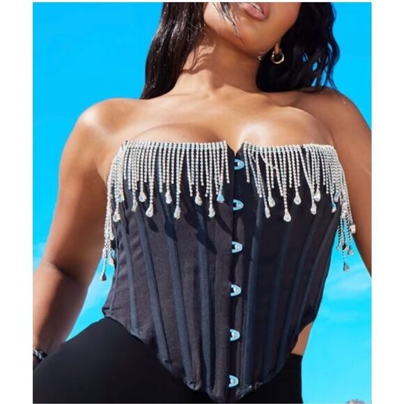 Pretty Little Thing Women’s 14 Black Diamanté Fringe Detail Corset Top NEW - Picture 1 of 7